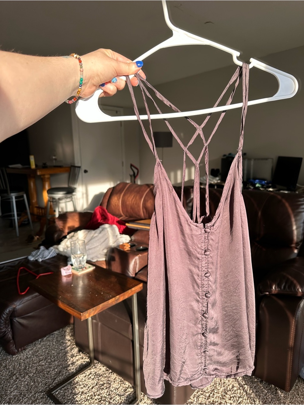 Strappy Grey Button-Front Cami Tank Top